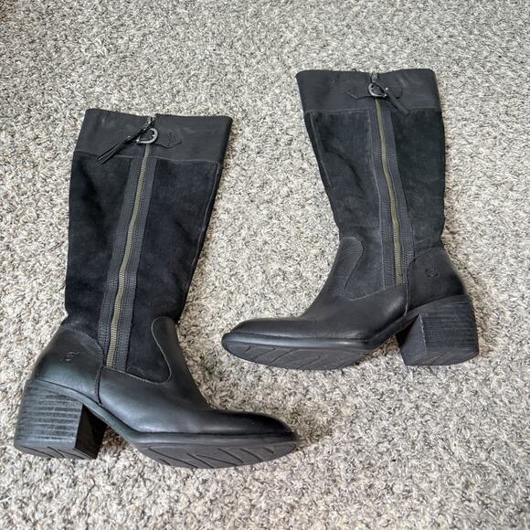 Born Uchee Tall Riding Boots Knee High Block Heel Zip 8.5 M Suede Leather Black - Picture 1 of 7